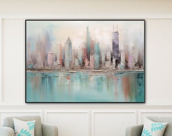 Abstract Cityscape, 100% Handmade, City, Soft Colors, Blue, Pink, Acrylic Oil Painting, Wall Decor Living Room, Office Wall Art YT365