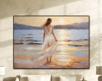 Woman at Beach, 100% Handmade, Acrylic Abstract Oil Painting, Wall Decor Living Room, Woman Walking into the Ocean, Soft Colors, YT107