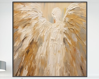 Faceless Angel, 100% Handmade, Angel Wings, Original Textured Art, Acrylic Abstract Oil Painting, Gold, White, Beige, KT011