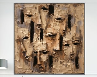 100% Handmade, Original Modern Textured Artwork, Acrylic Oil Painting, Abstract Faces, Beige and Brown Art, Human Figures, Emotions, KT225