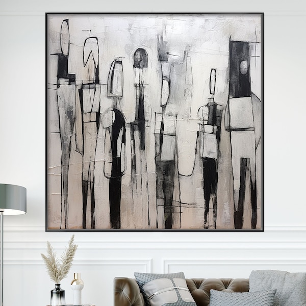 Abstrakte menschliche Figuren, 100% handgemacht, schwarz und weiß, Acryl Abstraktes Ölgemälde, Wand-Dekor Wohnzimmer, Büro Wandkunst KT278