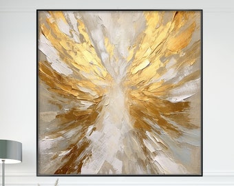 Abstract Golden Angel Wings, 100% Handmade, Gold Wings, White and Beige, Acrylic Oil Painting, Wall Decor Living Room, Office Wall Art KT010