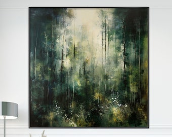 Dark Abstract Forest, 100% Handmade, Green Jungle Trees, Dark Landscape, Acrylic Oil Painting, Wall Decor Living Room, Office Wall Art KT543