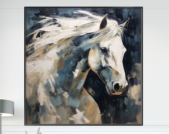 White Horse, 100% Handmade, White and Blue, Textured Painting, Acrylic Abstract Oil Painting, Wall Decor Living Room, Office Wall Art KT516