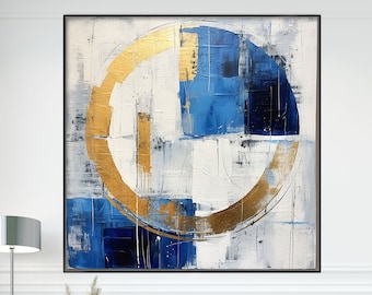 Abstract Art, 100% Handmade, White Blue Gold, Textured, Acrylic Oil Painting, Wall Decor Living Room, Office Wall Art KT034