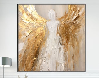 Abstract Angel, 100% Handmade, Original Modern Textured Art, Acrylic Oil Painting, Golden Angel Wings, Religious Imagery, Gold White KT014