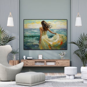 Woman in White Dress Walking into Ocean, 100% Handmade, Textured Art, Acrylic Abstract Oil Painting, Sea, Waves, Blue, YT099 image 2