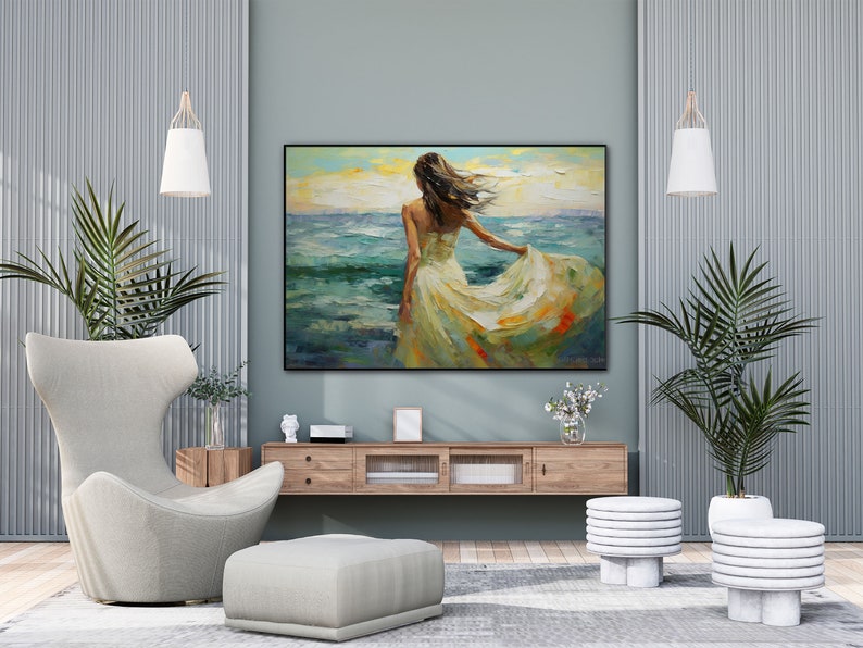 Woman in White Dress Walking into Ocean, 100% Handmade, Textured Art, Acrylic Abstract Oil Painting, Sea, Waves, Blue, YT099 image 2