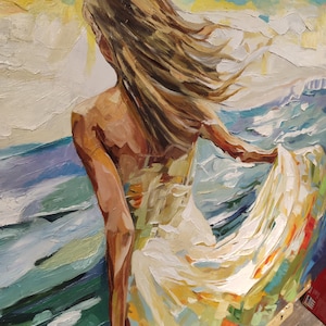 Woman in White Dress Walking into Ocean, 100% Handmade, Textured Art, Acrylic Abstract Oil Painting, Sea, Waves, Blue, YT099 image 6