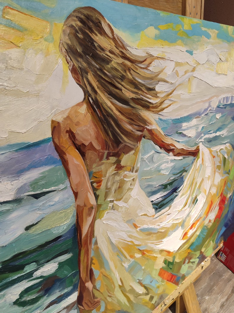 Woman in White Dress Walking into Ocean, 100% Handmade, Textured Art, Acrylic Abstract Oil Painting, Sea, Waves, Blue, YT099 image 6