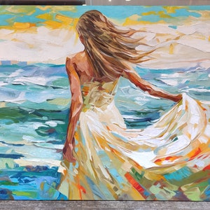 Woman in White Dress Walking into Ocean, 100% Handmade, Textured Art, Acrylic Abstract Oil Painting, Sea, Waves, Blue, YT099 image 7