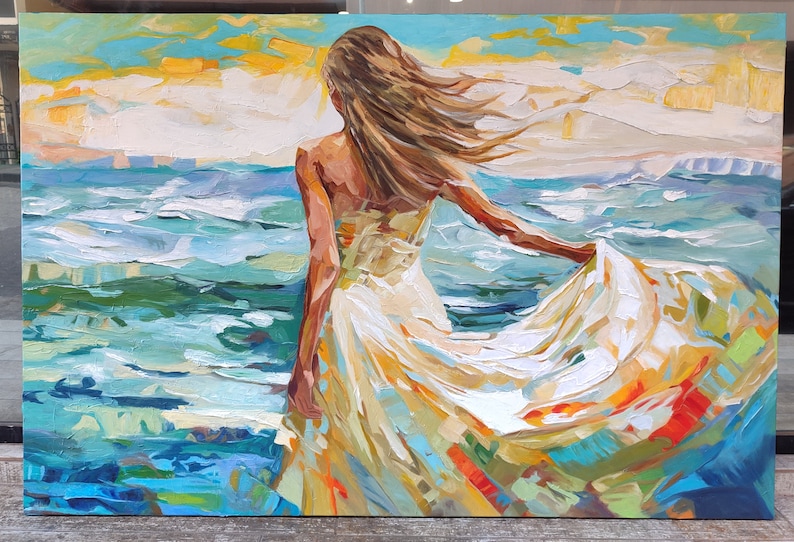 Woman in White Dress Walking into Ocean, 100% Handmade, Textured Art, Acrylic Abstract Oil Painting, Sea, Waves, Blue, YT099 image 7