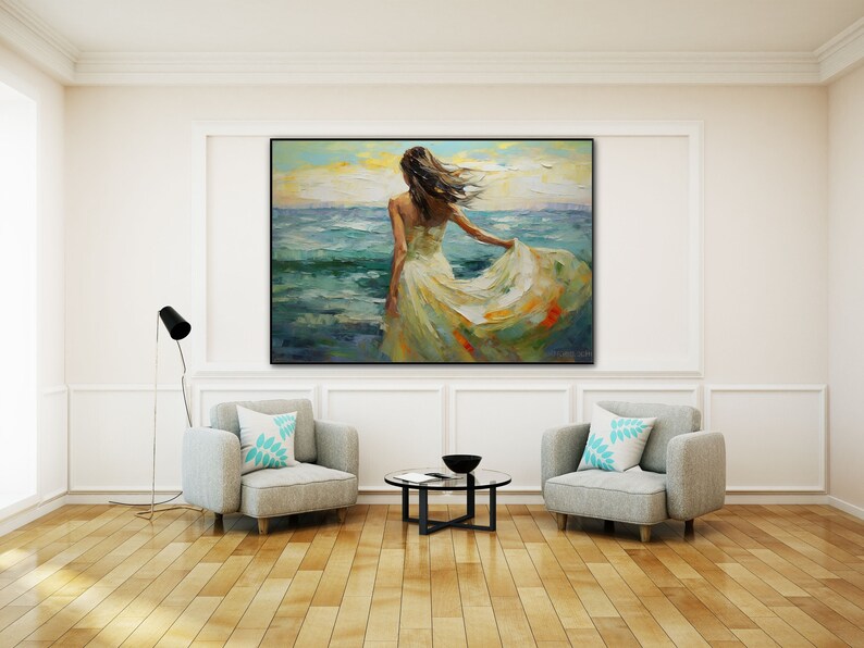 Woman in White Dress Walking into Ocean, 100% Handmade, Textured Art, Acrylic Abstract Oil Painting, Sea, Waves, Blue, YT099 image 1