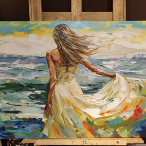 Woman in White Dress Walking into Ocean, 100% Handmade, Textured Art, Acrylic Abstract Oil Painting, Sea, Waves, Blue, YT099 image 5