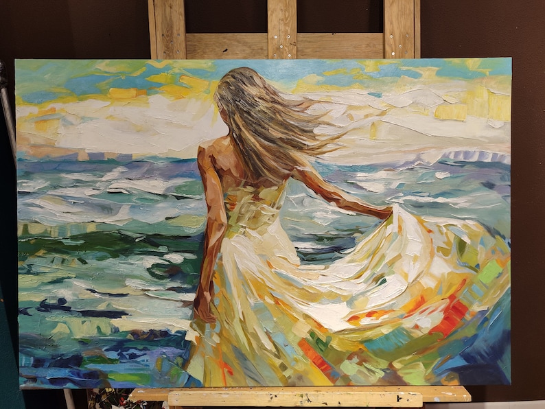 Woman in White Dress Walking into Ocean, 100% Handmade, Textured Art, Acrylic Abstract Oil Painting, Sea, Waves, Blue, YT099 image 5