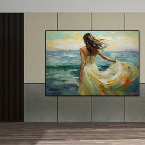 Woman in White Dress Walking into Ocean, 100% Handmade, Textured Art, Acrylic Abstract Oil Painting, Sea, Waves, Blue, YT099 image 3