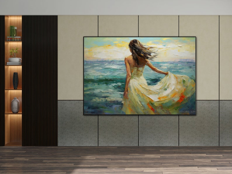 Woman in White Dress Walking into Ocean, 100% Handmade, Textured Art, Acrylic Abstract Oil Painting, Sea, Waves, Blue, YT099 image 3