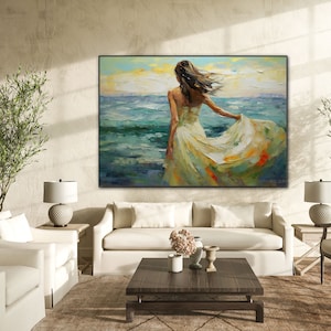 Woman in White Dress Walking into Ocean, 100% Handmade, Textured Art, Acrylic Abstract Oil Painting, Sea, Waves, Blue, YT099 image 4