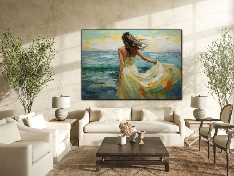 Woman in White Dress Walking into Ocean, 100% Handmade, Textured Art, Acrylic Abstract Oil Painting, Sea, Waves, Blue, YT099 image 4