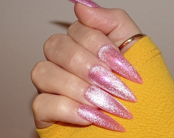 Aurora PINK Cat Eye Press On Nails | Magnetic glitter pink nails | Glue On Nails | Glitter Stick On Nails | False Nails | Stiletto Pressons