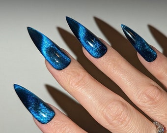 BLUE Cat Eye Press On Nails | Indigo blue Glitter Glue On Nails Extra Long Stiletto | Fake Nails | False Nails | Magnetic Stick On Nails