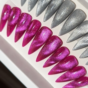Fuchsia pink Cat Eye Press On Nails | Magnetic glitter Press ons | Hot pink Glue On Nails | Stick On Nails | False Nails | Stiletto Pressons