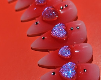 Cat eye Aura Press on nails | 3D heart nails charms | airbrush Pressons long | Gel x Apres press on nails | Trendy nails | Glue on nails