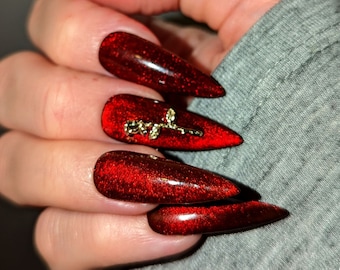 Red Cat Eye Press On Nails for Valentine&#39;s Day | Red Glitter Glue On Nails Extra Long Stiletto | Fake Nails | False Nails | Stick On Nails