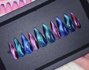 Cat Eye Press On Nails | Magnetic glitter nails | Glue On Nails | Glitter Stick On Nails | Fake Nails | False Nails | Stiletto Pressons