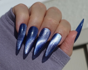 Blue Press On Nails | Cat Eye glitter nails | Milky way Trendy False nails | Long Stiletto Press ons | Sky Glue On Nail | Gel press on nails