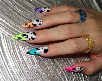 NEON COW print Press On Nails | French Tip Nails | Reusable Glue On Nails |  Summer press on nails | Neon Stick On Nails | Fake Nails |