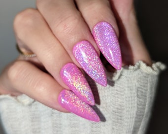 Uñas postizas con purpurina arcoíris / Uñas postizas de ojo de gato rosa / Uñas postizas / Uñas adhesivas chicle / Uñas adhesivas / Uñas stiletto