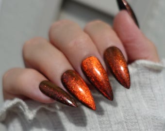 Orange Cat Eye Press On Nails | Fire Glitter Glue On Fake Nails | False Nails | Short Almond press on nails | short Stiletto pressons