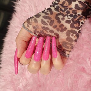 Hot pink XXL Press On Nails | Bubblegum Pink Fake Nails | Pink glitter Glue on nails | Extra long Reusable False Nails | Fake Stick on nails