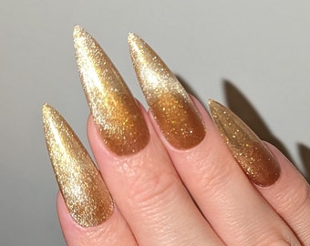 Gold Cat Eye Press On Nails | Stiletto Glitter Pressons | Reusable False Nails | Trendy nails | Apres gel nails | Sparkle Glue on nails