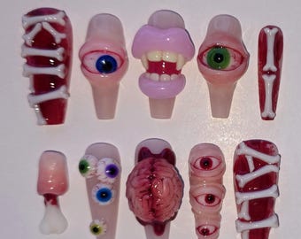 Uñas postizas 3D de Halloween / Uñas postizas de esqueleto espeluznante / Uñas de Halloween que brillan en la oscuridad / Uñas luminosas con ojos de cerebro y calavera espeluznante