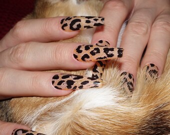 Cheetah Press on nails coffin | Leopard print press on nails | Animal False Nails | Reusable gel Nails | Glue-on nails long | Fall nails