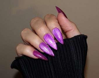 PURPLE Cat Eye Press On Nails | Violet Glitter Glue On Nails Long Stiletto | Fall Fake Nails | False Nails | Halloween nails | Gel press ons