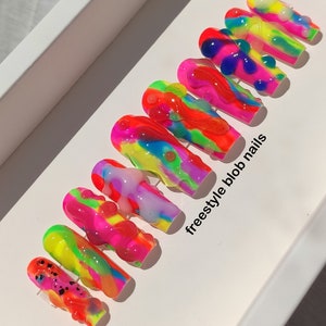 FREESTYLE 3D blob Press On Nails | Jungle vibes colorful Glue On Nails | Reusable Handmade Stick On Nails for Summer | Vacation Nails Long