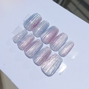 Striped Cat Eye Press On Nails | Textured Glitter Glue On Nails | Extra Short Glitter Press on nails | Seashell False Nails | Candy nails