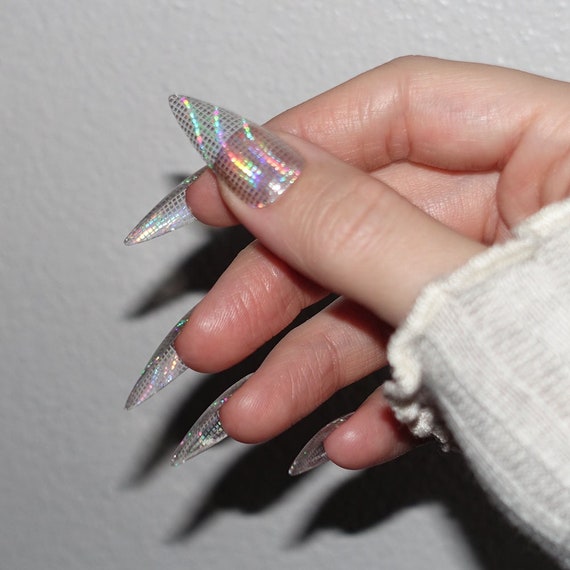 Disco Ball Press On Nails | Holographic Clear Glue On Nails | Transparent Stick On Nails | Optical illusion false nails | Stiletto Pressons