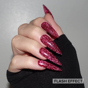 Reflective glitter Press On Nails | Red glitter Glue on nails | Long stick on nails | Flash glitter pop-on nails | Fake nails red sparkle