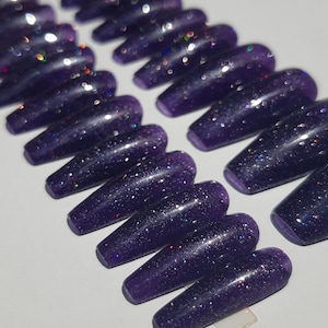 Dark Purple Glitter Press On Nails: Holographic Galaxy glitter reusable gel pressons