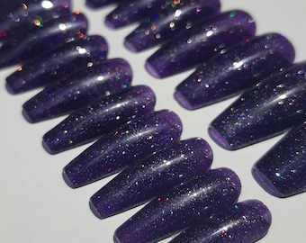 Ongles à presser scintillants violet foncé : à presser en gel à paillettes holographiques Galaxy