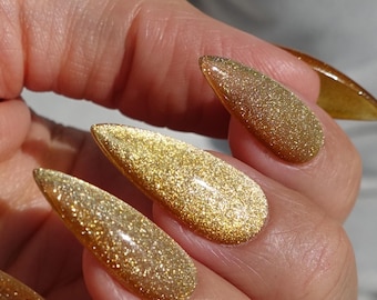 Gold Cat eye Stiletto Press On Nails: Golden Glitter trendy False Nails