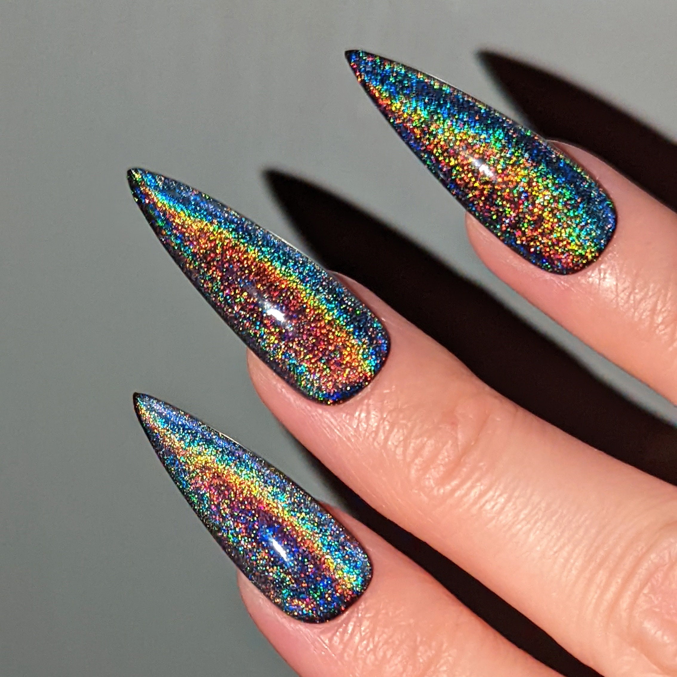 RAINBOW Cat eye Pressons | Black Cat-Eye False Nails | Rainbow Glitter Glue On Nails | Press on nails long | Stiletto luxury press on nails