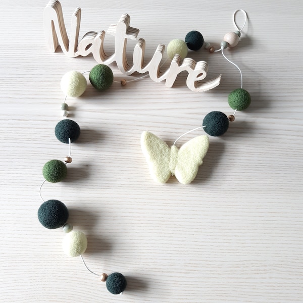 Natural butterfly garland and felted wool beads, natural spring decoration, gift idea