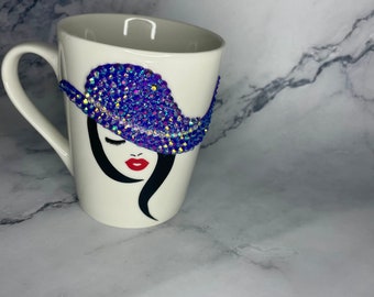 Tasse à café bling, tasse femme au chapeau, tasse en strass, tasse à café, cadeau d'anniversaire, cadeau chic