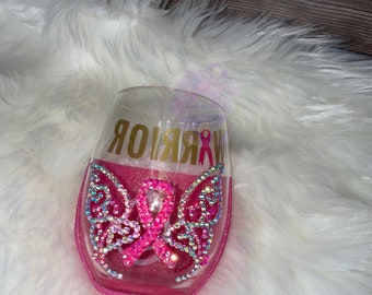 Mois de la sensibilisation au cancer du sein, coupe du cancer du sein, guerrier du cancer du sein, verre à vin scintillant, verre sans pied, strass, verre bling