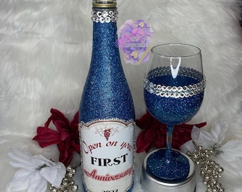 Wine bottle set, Custom label, Glitter bottle, Glitter glass, Glitter Wine Glass, Long steam glass, Bling Bottle, Rhinestones, custom bottle
